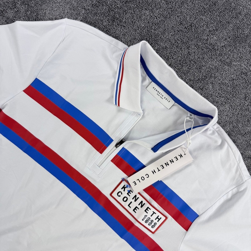 Kenneth Cole New York Mens White Striped Quarter Zip Polo Shirt Size M NWT $59
